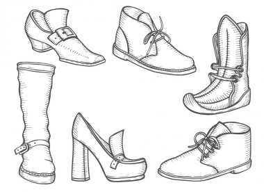 Erkekler önyükleme illüstrasyon, klasik ve spor stil, resim çizme, oyma, mürekkep, Hat sanatı, vektör Kış Ayakkabı ayarla.