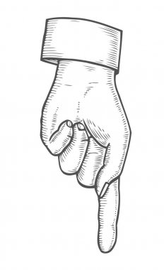 El gösteren simgesi. Parmak işaret aşağı. Retro vintage sketch vektör çizim. Gravür tarzı. siyah beyaz arka plan üzerinde izole