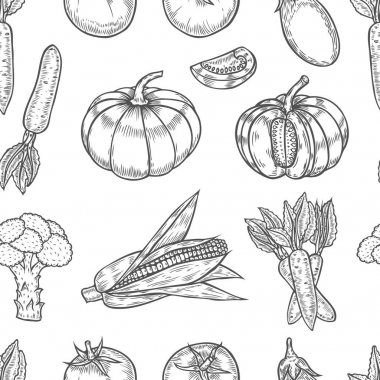 Sebze seamless modeli. El vintage vektör arka plan çekilmiş. Vejetaryen çiftlik piyasa ürünleri ayarlayın. Detaylı organik gıda çizim. Büyük menü, poster, baskı, duvar kağıdı, kumaş için