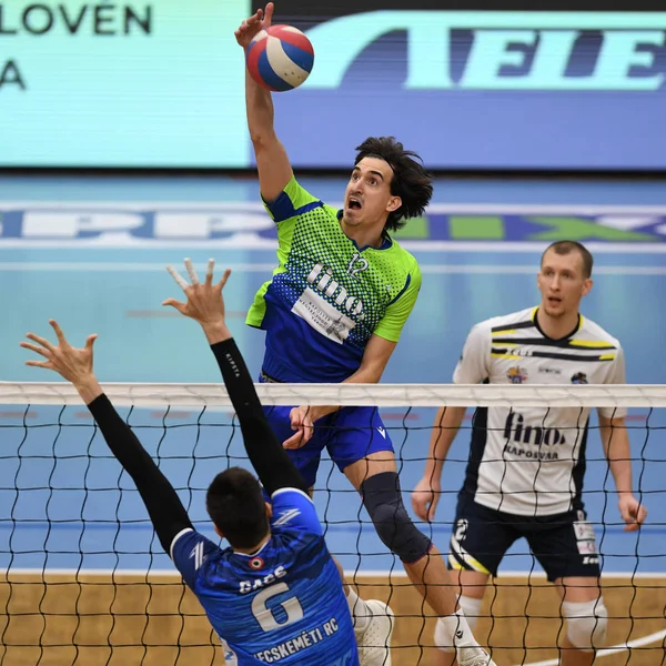 Kaposvar, Macaristan 15 Ocak 2020: Kristof Horvath (yeşil), Kaposvar (mavi) ile Kaposvar, Kaposvar (mavi) arasında oynanan Macaristan Kupası voleybol maçında topa vuruyor..