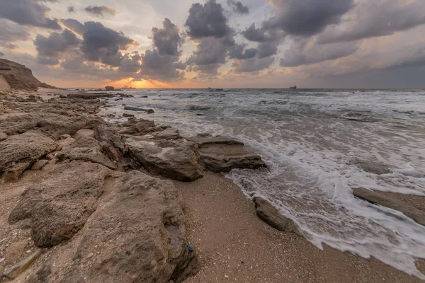 Solnedgång Vid Medelhavet Israel Stranden Ashkelon — Stockfoto