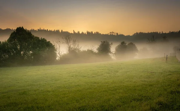 Malerischer Märchenhafter Sonnenaufgang Über Einer Nebligen Wiese Sommermorgen Dorf — Stockfoto