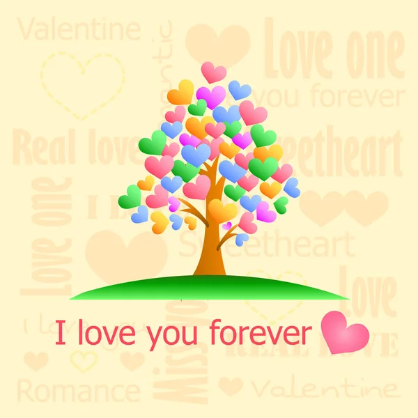 Kartu Valentine Cinta Color Ful Hearts Pohon Latar Belakang Merah - Stok Vektor