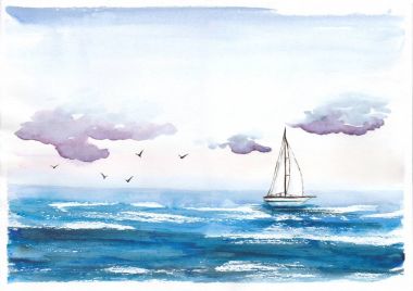 Watercolor illustration of blue sea with white boat and clouds sky clipart