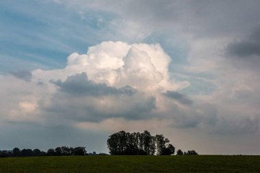 Yeşil alanları, yeşil çayırlar, ormanlar ve dramatik bir gökyüzü