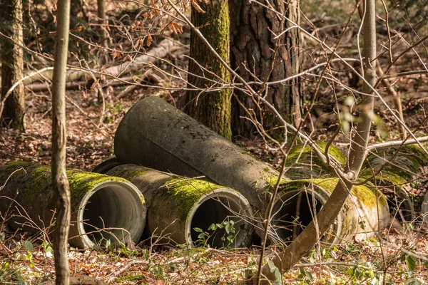 Grandes tuberías de hormigón en medio del bosque — Foto de Stock