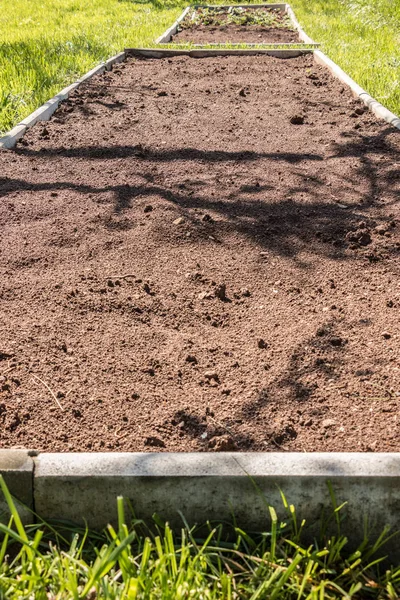 Cama de plantación marrón en el jardín verde — Foto de Stock