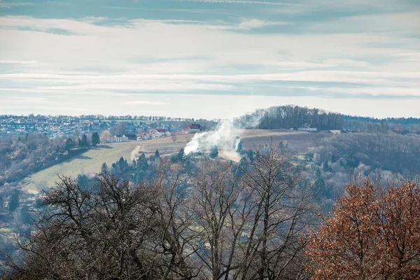 Feu Quelque Part Sur Terrain Dans Forêt Près Village — Photo