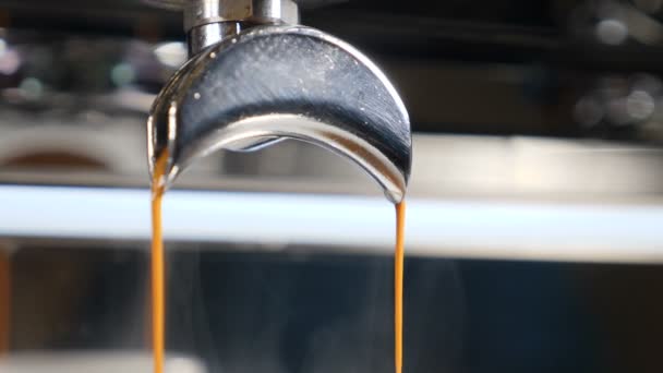 Koffiehuis. Het maken van verse koffie uitgaan van een koffie espressomachine. Slow motion — Stockvideo