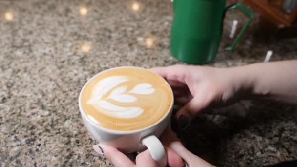 Het maken van koffie. Barista bereidt koffie. Voorbereiding van latte. Barista gieten hete melk in een mok van espresso. Latte art. Slow motion — Stockvideo