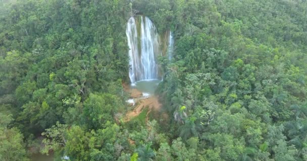 Aerial drone birds eye view video on palm forest with a waterfall in the middle. islas atolón del Pacífico paraíso tropical. Vista superior. Disparo en 4k — Vídeos de Stock