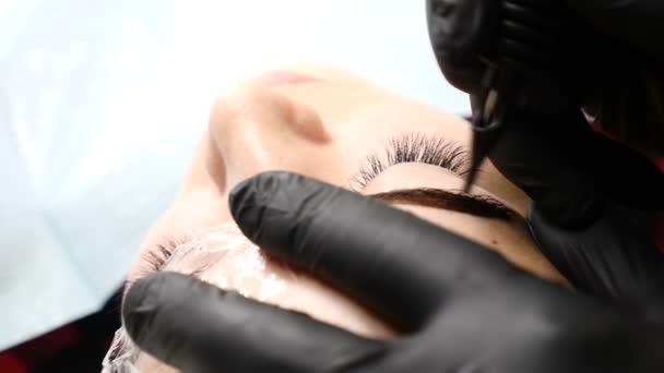 Salón de belleza. Primer plano del esteticista masculino en guantes negros que hacen el procedimiento permanente del maquillaje en las cejas femeninas. Mujer joven obtiene procedimiento de belleza facial. Rejuvenecimiento facial. Usando máquina de tatuaje — Vídeo de stock