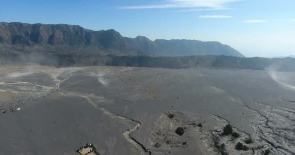 Mountain landscape with volcano, traces of lava on ground, Aerial view of Volcano in Bali, Indonesia. Travel concept. Beautiful Asia. 4K video. — 비디오