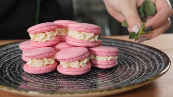 Lo chef decora il piatto da dessert con foglie di menta verde. Deliziosi Macaron su piatto scuro. Piatto gratuito dello chef. Pasticceria a Bakery. Al rallentatore. hd completo — Video Stock