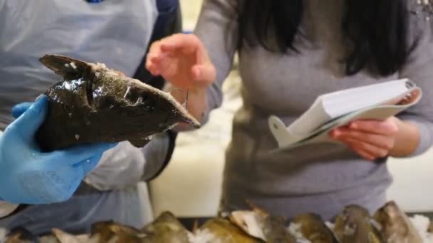 広告、ビジネス、フードコンセプト-氷の販売に多くの新鮮な生のMackerel魚の行。市場の食品専門家は、顧客が漁業部門のレストランのための冷たい魚を選択するのに役立ちます。食料品販売男性 — ストック動画