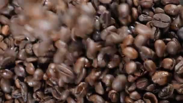 Beans of Coffee Raining in Slow Motion. Conceptual clip of coffee beans, close up. Coffee beans pouring into glass bowl on coffee machine. Top view. grinding machine. Full hd — Stok video