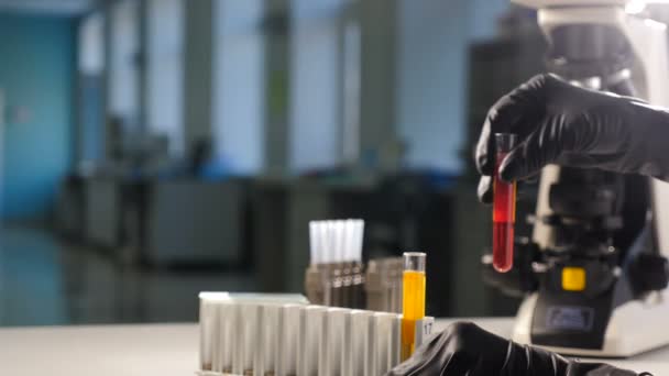 Крупним планом знімок жінки Рука дослідника в рукавиці Використовуючи мікропіпетку під час роботи з випробувальними трубами. Люди в інноваційній фармацевтичній лабораторії з сучасним медичним обладнанням для генетики — стокове відео