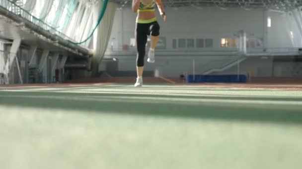 Fitness kobieta wyścigi na stadionie, Sport koncepcji osiągnięć. Biegaczka trenująca jogging na profesjonalnej zadaszonej arenie. Blondynka trenująca na stadionie sportowym. 4 tys. wideo — Wideo stockowe