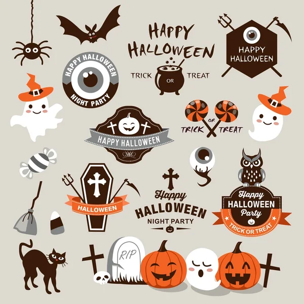 Счастливого Хэллоуина элементы дизайна. Элементы дизайна Хэллоуина, логотипы, значки, ярлыки, иконки и предметы . — стоковый вектор