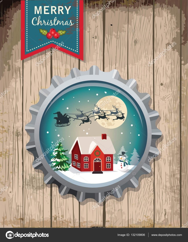 WesoÅ‚ych ÅšwiÄ…t BoÅ¼ego Narodzenia Vintage Christmas bottle cap drewniane tÅ‚a BoÅ¼e Narodzenie tÅ‚o — Wektor od catherinechin