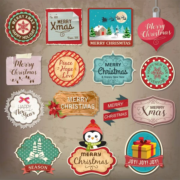 Merry Christmas decoratie en ontwerpelementen met vintage etiketten, kaarten en tags instellen. — Stockvector