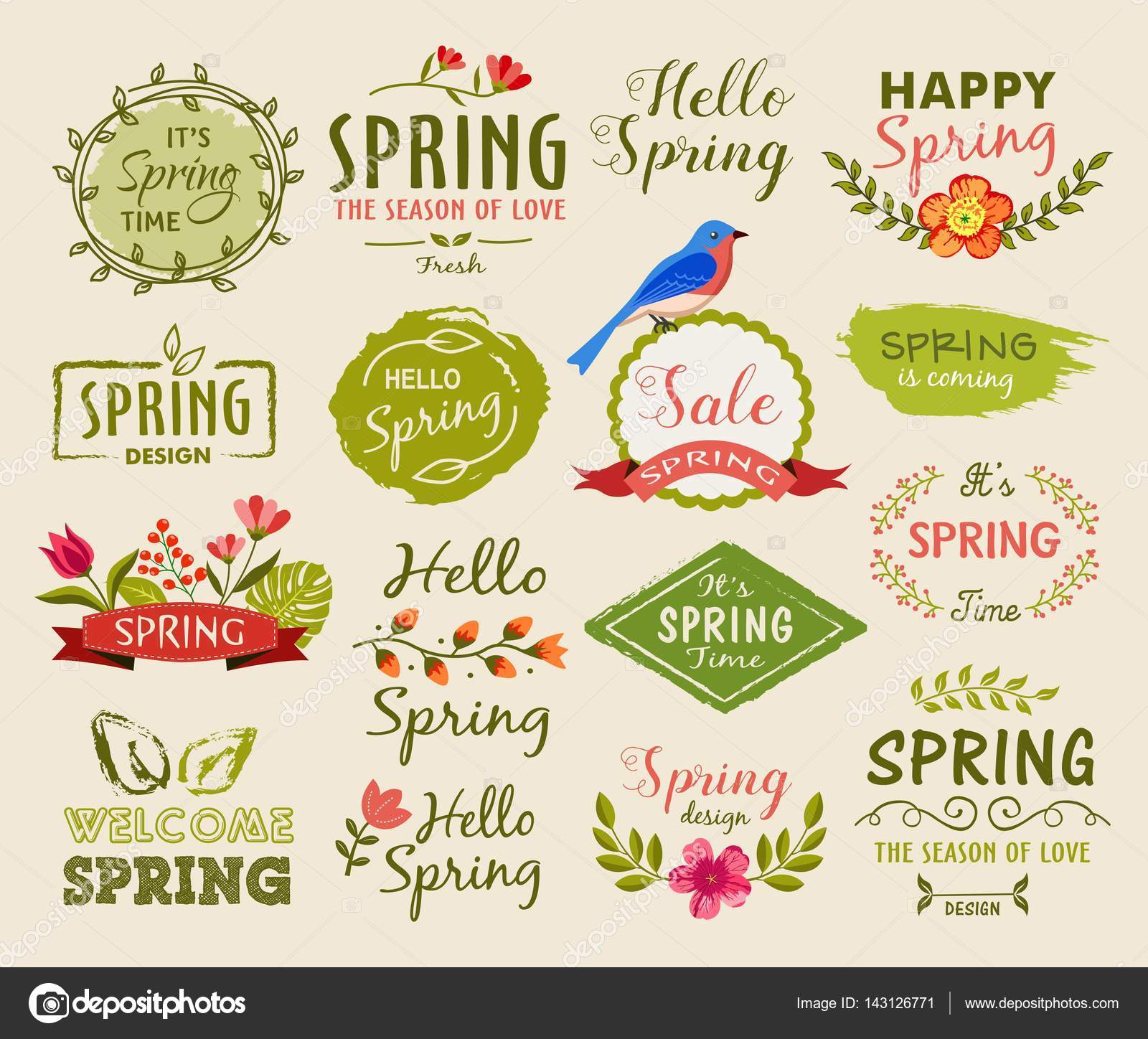 Set of Spring labels, signs and banners with hand drawn illustration ...