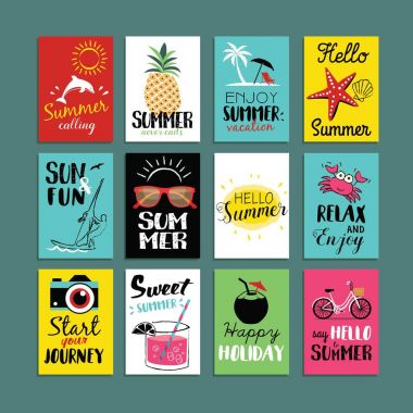Vektör yaz kartları şablonları. Elle çizilmiş yaz Etiketler, etiket veya poster koleksiyonu. Vektör çizim. 