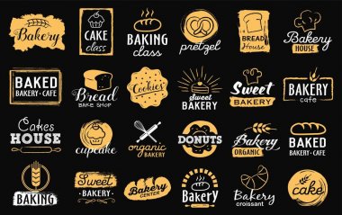 Fırın Logotype ayarlayın. Fırın vintage tasarım öğeleri, logolar, rozetler, etiketleri, simgeler ve nesneleri