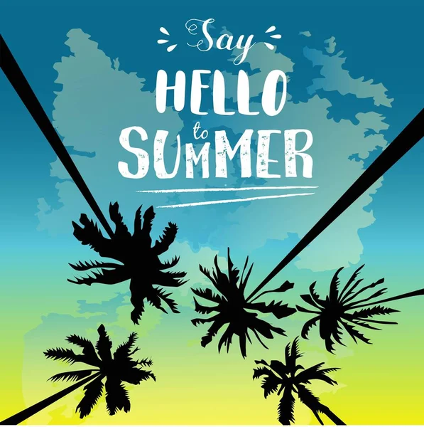 Merhaba yaz tatili şablon poster, parti, eğlence, seyahat, arka plan, güneş, palmiye ağacı, tasarım, illüstrasyon vektör. — Stok Vektör