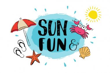 Yaz elle çizilmiş resimler ve yaz tatil, seyahat, beach tatil, güneş için öğeleri.