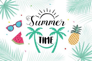 Yaz elle çizilmiş resimler ve yaz tatil, seyahat, beach tatil, güneş için öğeleri.