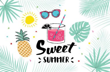 Yaz elle çizilmiş resimler ve yaz tatil, seyahat, beach tatil, güneş için öğeleri.