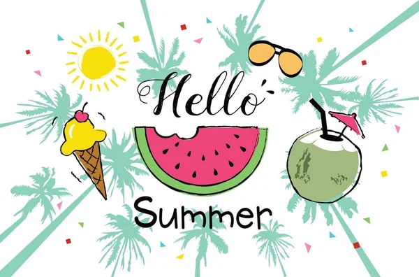 Sommer handgezeichnete Illustrationen und Elemente für Sommerurlaub, Reise, Strandurlaub, Sonne. — Stockvektor