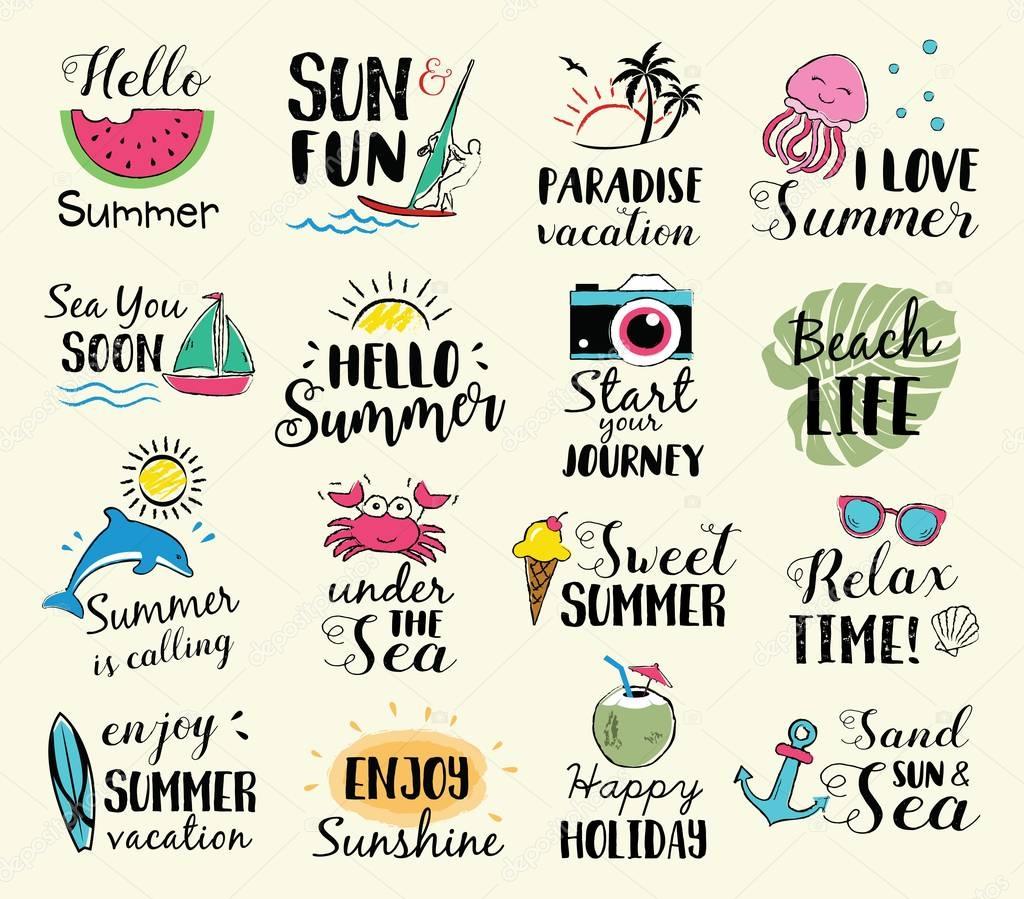 Summer labels, logos, hand drawn tags and elements set for summer holiday, travel, beach vacation, sun. Vector illustration.