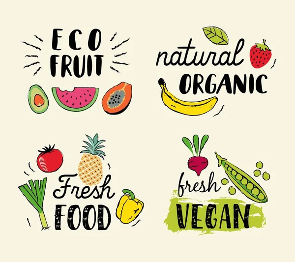 Alimentação saudável ilustrações desenhadas à mão e elementos para o mercado fresco, eco food, menu vegan, produtos naturais — Vetor de Stock