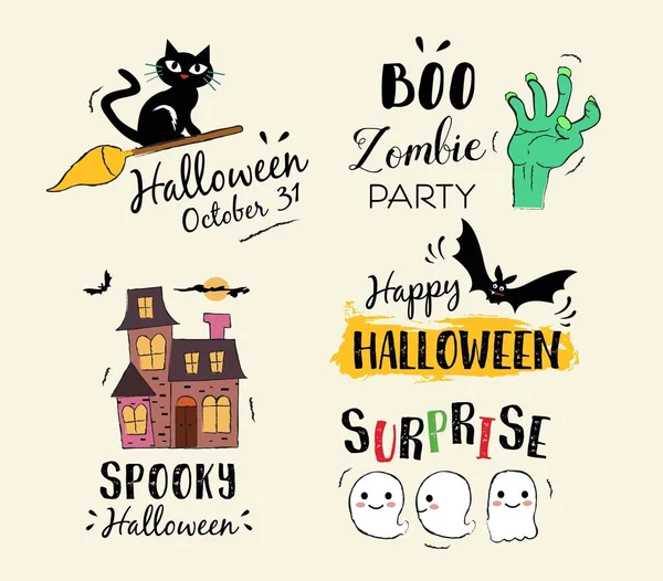 Gelukkige Halloween hand getekend illustraties en elementen. Halloween design elementen, logo 's, badges, labels, iconen en objecten. — Stockvector