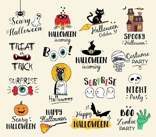 Happy Halloween handgezeichnete Illustrationen und Elemente. Gestaltungselemente für Halloween, Logos, Abzeichen, Etiketten, Symbole und Objekte. — Stockvektor