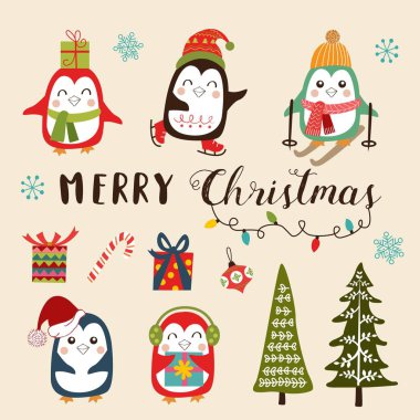 Noel dekorasyon sevimli çizgi penguenlerle vektör ayarla.