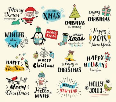 Noel el Etiketler, logolar ve neşeli Noel ve mutlu yeni yıl için ayarla öğelerini çekilmiş. Vektör çizim.