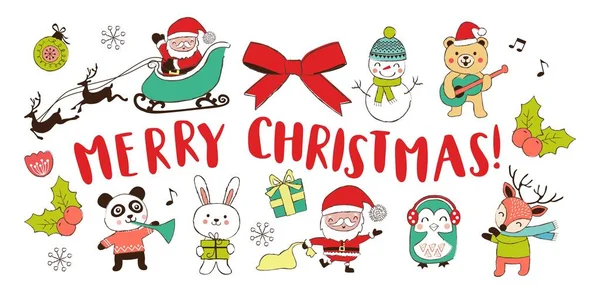 Elementi di design natalizio disegnati a mano e simpatici personaggi del cartone animato di Natale. Illustrazione vettoriale . — Vettoriale Stock