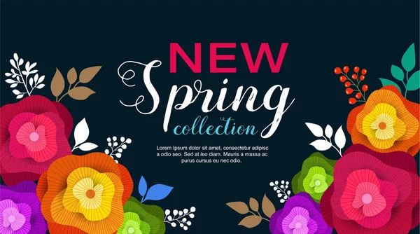 Banner de primavera con flores de papel para papel pintado, volante, revista, en línea, acciones publicitarias. Ilustración vectorial . — Vector de stock