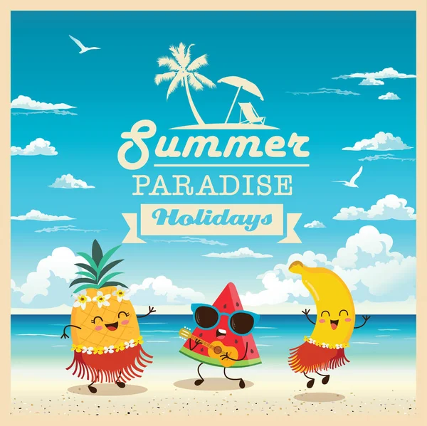 夏を楽しむかわいいカニ バナナ スイカ パイナップルキャラクターと夏のビーチベクトルの背景 — ストックベクタ