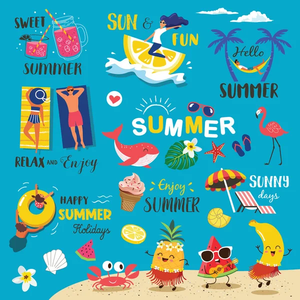 Yaz Etiketleri Logolar Çizilmiş Etiketler Öğeleri Yaz Tatil Seyahat Beach — Stok Vektör