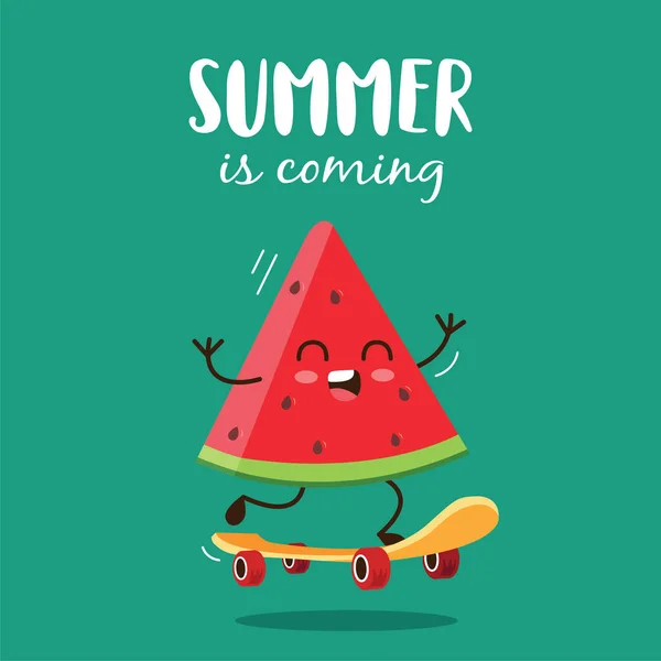 Summer Coming Cute Watermelon Character Skateboard Vector Illustration — Stock Vector