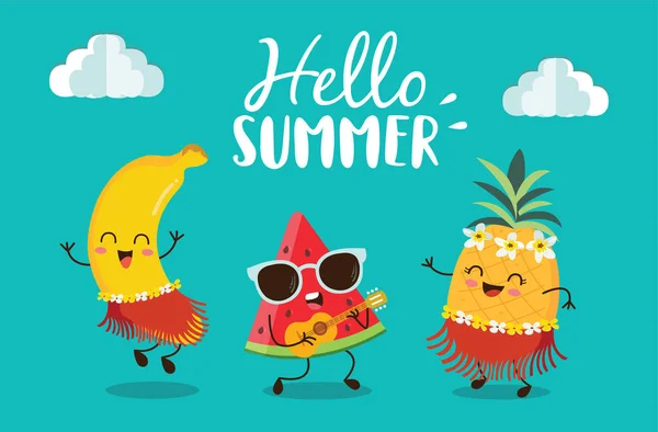 夏を楽しむかわいいバナナ スイカ パイナップルキャラクターとこんにちは夏 ベクターイラスト ストックベクター