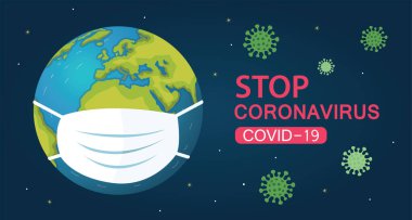 Tıbbi maske, beyaz tıbbi maskeli bir dünya olan Coronavirus covid-19 'un yayılmasına karşı korur. Koronavirüs karantina vektör çizimi kavramı. 