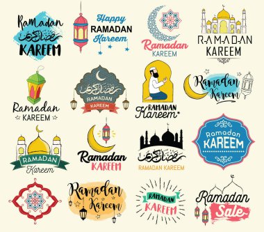 Ramazan Kareem, İslami bayram Ramazan, tebrik kartları, Ramazan gelenekleri ve baskı için hazırlanmış etiket, logo ve unsurlar çizdi..