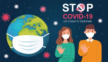Bir tıbbi maske Coronavirus COVID-19 'un yayılmasına karşı korur. Coronavirus COVID-19 kavramını durdur. Koronavirüs karantina vektör çizimi kavramı. Tıbbi maskeli bir aile. Dünyayı kurtar..