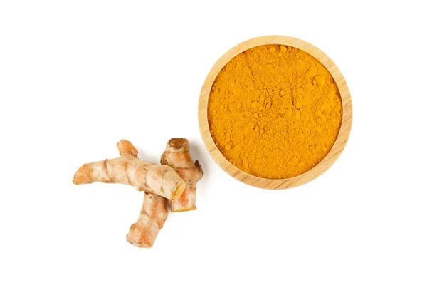 顶视图的姜黄根状茎和姜黄粉 — 图库照片