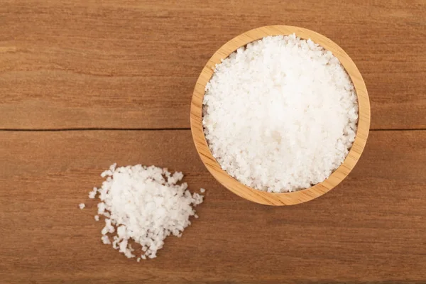 Sea salt in wooden bowl — Stock Photo, Image